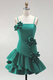 A-Line Satin Light Blue Spaghetti Straps Ruffled Short Formal Dress with 3D Flowers