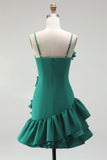 A-Line Satin Light Blue Spaghetti Straps Ruffled Short Formal Dress with 3D Flowers