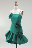 A-Line Satin Light Blue Spaghetti Straps Ruffled Short Formal Dress with 3D Flowers