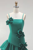 A-Line Satin Light Blue Spaghetti Straps Ruffled Short Formal Dress with 3D Flowers