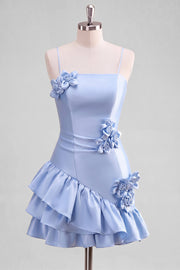 A-Line Satin Light Blue Spaghetti Straps Ruffled Short Formal Dress with 3D Flowers