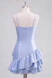 A-Line Satin Light Blue Spaghetti Straps Ruffled Short Formal Dress with 3D Flowers