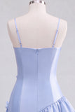 A-Line Satin Light Blue Spaghetti Straps Ruffled Short Formal Dress with 3D Flowers