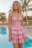 A-Line Pink Sweetheart Corset Tiered Homecoming Dress with Beading