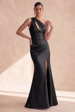 Satin Black One Shoulder Mermaid Ruched Long Formal Dress with Slit