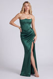 Black Satin Strapless Corset Ruched Mermaid Long Formal Dress with Slit