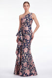 Pink Flower Mermaid One Shoulder Jacquard Long Mother Of the Bride Dress with Ruffles
