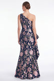 Pink Flower Mermaid One Shoulder Jacquard Long Mother Of the Bride Dress with Ruffles