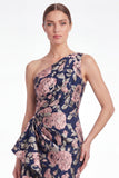 Pink Flower Mermaid One Shoulder Jacquard Long Mother Of the Bride Dress with Ruffles