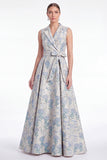 A-Line Pink Flower Notch Lapel Jacquard Long Mother Of the Bride Dress with Belt