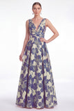 A-Line Blue Flower Jacquard V-Neck Long Mother Of the Bride Dress