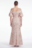 Off the Shoulder Mermaid Pink Flower Jacquard Long Mother Of the Bride Dress