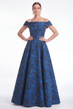 Off the Shoulder Blue A-Line Floral Jacquard Long Mother Of the Bride Dress