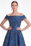 Off the Shoulder Blue A-Line Floral Jacquard Long Mother Of the Bride Dress