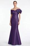 Dusty Blue Satin Off the Shoulder Mermaid Long Mother Of the Bride Dress with 3D Flower
