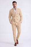 Beige 2 Piece Double Breasted Peak Lapel Men's Suits