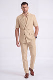 Light Khaki 2 Piece Peak Lapel Double Breasted Men Formal Suits with Sleeves
