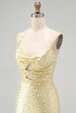 Bodycon Halter Neck Cut Out Pearls Yellow Homecoming Dress with Beading