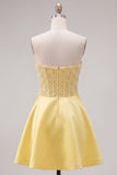 Yellow Sweetheart A-Line Pearls Corset Homecoming Dress with Bow