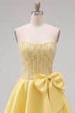 Yellow Sweetheart A-Line Pearls Corset Homecoming Dress with Bow