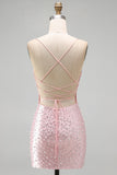 Pink Bodycon Spaghetti Straps Pearls Beaded Short Homecoming Dress
