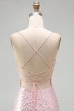 Pink Bodycon Spaghetti Straps Pearls Beaded Short Homecoming Dress