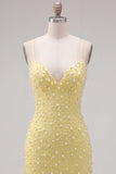 Yellow Pearls Spaghetti Straps Tight Homecoming Dress with Lace Up Back