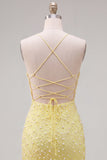 Yellow Pearls Spaghetti Straps Tight Homecoming Dress with Lace Up Back