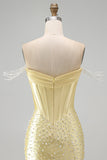 Yellow Bodycon Off the Shoulder Pearls Corset Short Homecoming Dress with Beading