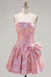 Strapless Purple A-Line Pearls Jacquard Homecoming Dress with Bow