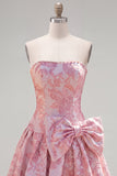 Strapless Purple A-Line Pearls Jacquard Homecoming Dress with Bow