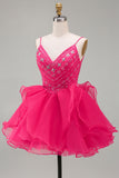 A-Line Hot Pink Rhinestone Ruffle Short Homecoming Dress with Beading