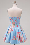 Satin A-Line Blue Sweetheart Floral Corset Homecoming Dress