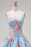 Satin A-Line Blue Sweetheart Floral Corset Homecoming Dress