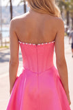 Sweetheart Fuchsia Pearls Corset A-Line Satin Homecoming Dress