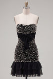 Black Strapless Bodycon Pearl Ruffled Homecoming Dress with Bow