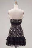 Black Strapless Bodycon Pearl Ruffled Homecoming Dress with Bow