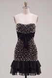 Black Strapless Bodycon Pearl Ruffled Homecoming Dress with Bow
