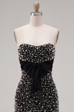 Black Strapless Bodycon Pearl Ruffled Homecoming Dress with Bow