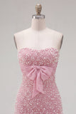 Pink Strapless Tight Ruffle Pearl Short Homecoming Dress with Bow
