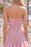 Pink Strapless Tight Ruffle Pearl Short Homecoming Dress with Bow