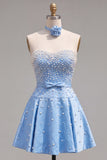 Blue Sweetheart Pearl Embellished Short Homecoming Dress with Choker and Bow