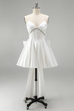 White Corset Satin Rhinestone A-Line Strapless Homecoming Dress with Back Giant Bow