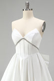 White Corset Satin Rhinestone A-Line Strapless Homecoming Dress with Back Giant Bow