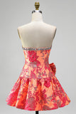 Orange Jacquard A-Line Strapless Rhinestone Ruffled Short Homecoming Dress with Bow