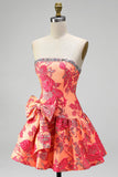 Orange Jacquard A-Line Strapless Rhinestone Ruffled Short Homecoming Dress with Bow