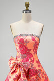 Orange Jacquard A-Line Strapless Rhinestone Ruffled Short Homecoming Dress with Bow