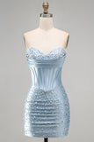 Grey Blue Strapless Bodycon Corset Beaded Pearls Short Homecoming Dress