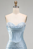 Grey Blue Strapless Bodycon Corset Beaded Pearls Short Homecoming Dress