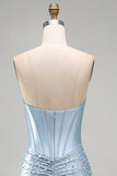 Grey Blue Strapless Bodycon Corset Beaded Pearls Short Homecoming Dress